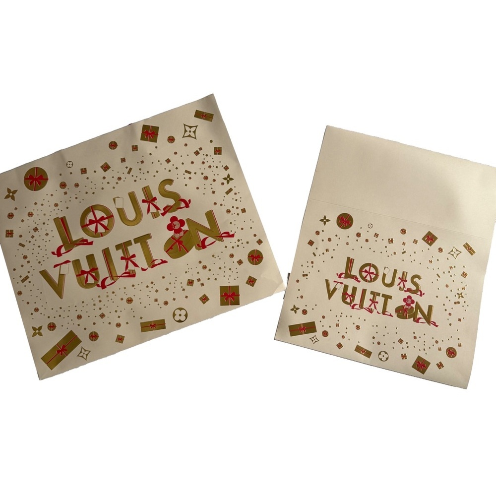 LOUIS VUITTON CREAM / GOLD / RED HOLIDAY 2023 LARGE SHOPPING BAG AND GIFT WRAP